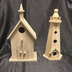 Natural Wood Church & Lighthouse Birdhouse Decor Bundle (LC)